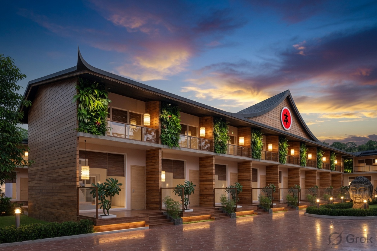 Japanese-themed row house balconies at dusk — SUKI-NIHON Alibaug