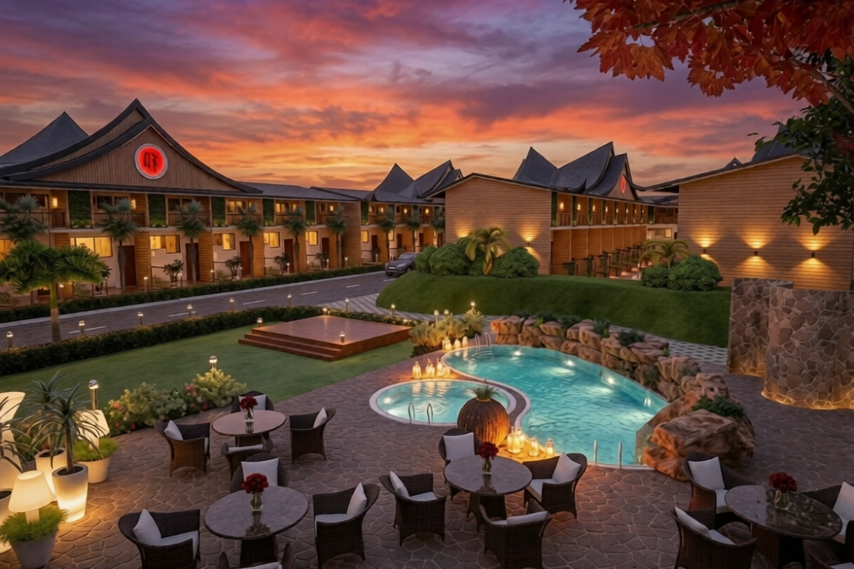 Poolside courtyard at dusk — SUKI-NIHON Alibaug luxury amenities